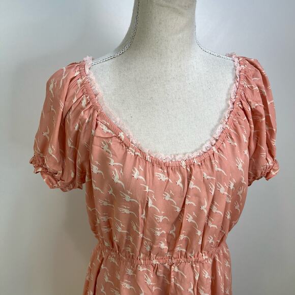 Morgan Lane Ava Mini Silk Dress Peony Pink Blush Printed Bird Motif - Picture 6 of 10